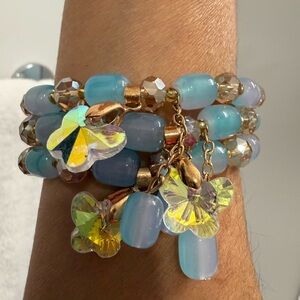 3 Elegant Blue and Gold Beaded Bracelets with Butterfly Charms